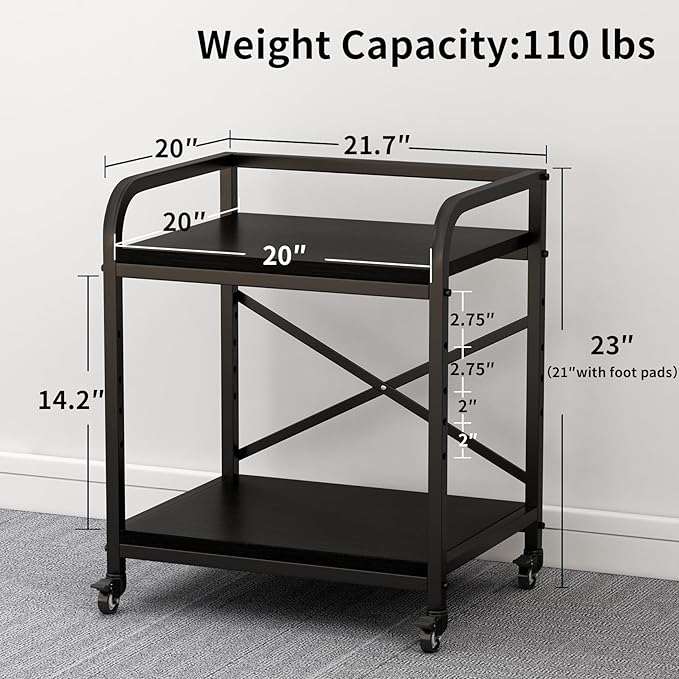 2 Tier Large Printer Stand, 20 x 20 Inches Printer Table with Storage Shelf, Rolling Printer Cart with Wheels for Home Office, Scanner Fax (Black)