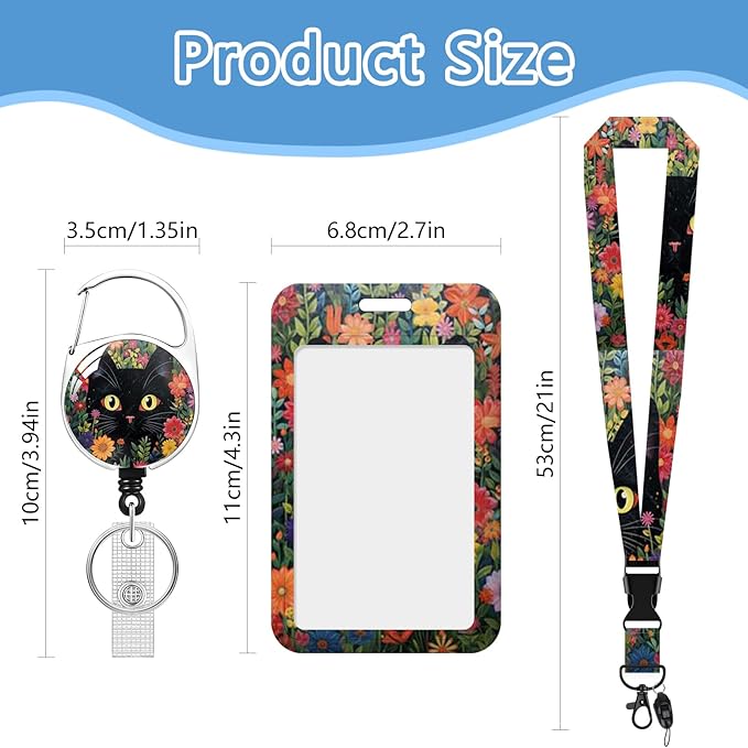 Lanyard with Id Holder, Black Cat Flower Badge Holder with Retractable Lanyard, ID Holder with Badge Reel Clips, Animal Keychain Name Tag Teacher Women Doctor Office Gift