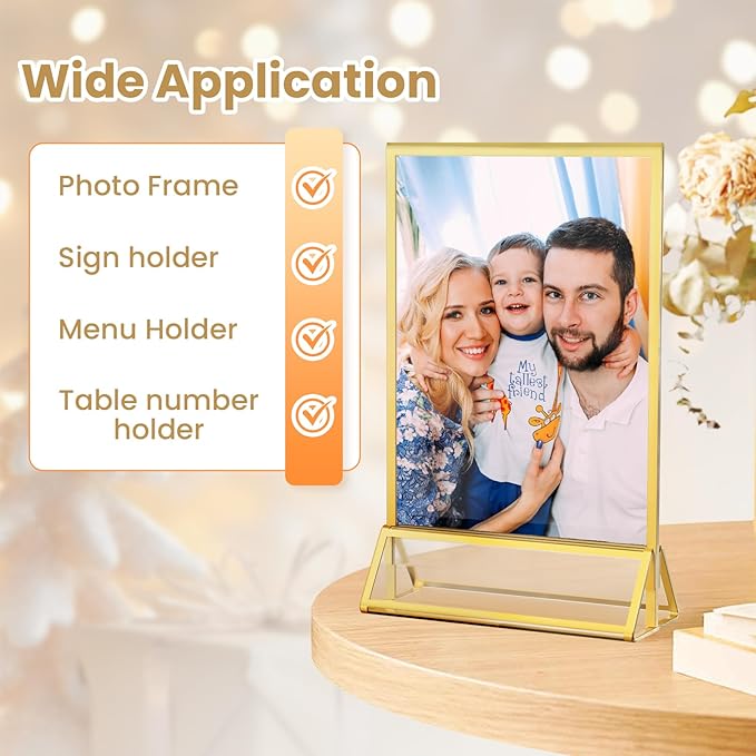 Acrylic Sign Holder 8.5X11 Gold Frames Double-Sided Gold Picture Frames Display Stand for Menu Holder Flyer Holder Wedding Table Number Holder Photo Frames with Double Sided Sticky Dots -6 Pack