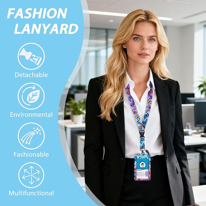 Butterfly ID Badge Holder with Breakaway Lanyard, Fashionable Lanyards for ID Badges Women, Cute Badge Reel Retractable, ID Card Holder Keychain Name Badge Clip, Nurse Teacher Gifts