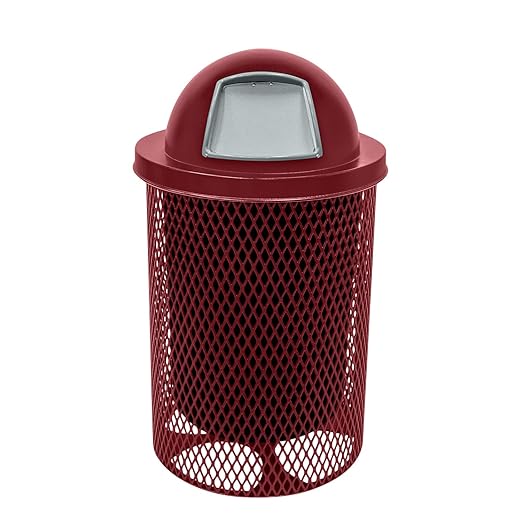 RDT-BUR Heavy Duty 32 Gallon Round Trash Receptacle, Liner Included, Burgundy with Dome Lid, Made in America
