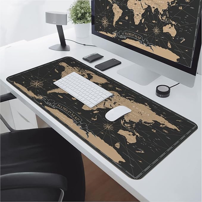 Desk Mat,Vintage World Map Extended Gaming Mouse Pad for Office Work & Game,Computer Keyboard Mouse Mat Desk Non-Slip Rubber Base Large Mousepad with Stitched Edges, 31.5x15.7inch