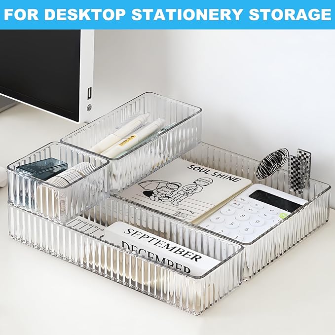 HOTOOLME 7PCS Clear Drawer Organizers Bins, 4 Size Stackable Makeup Drawer Organizer, Desk Plastic Drawer Storage Trays, Bathroom Drawer Storage for Cosmetics, Office Supply, Kitchen Utensils