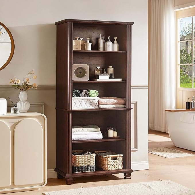 70" Tall Walnut Bookshelf,5 Tier Wooden Book Shelf with Adjustable Shelves & Wood Legs,Free Standing Farmhouse Bookcase with Open Display Storage,Vintage Bookshelves for Classroom, 2PCS