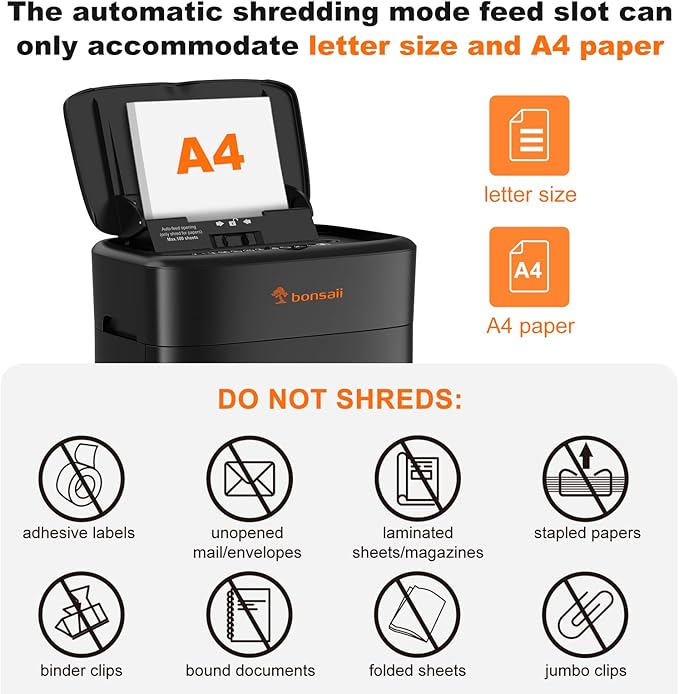 Bonsaii 100 Sheets Auto Feed Paper Shredder, Up to 30 Minutes Shredders for Home Office Use, Micro-Cut Heavy Duty Shredder / 4.2 Gallons/Security Level P-4 (C231-D)