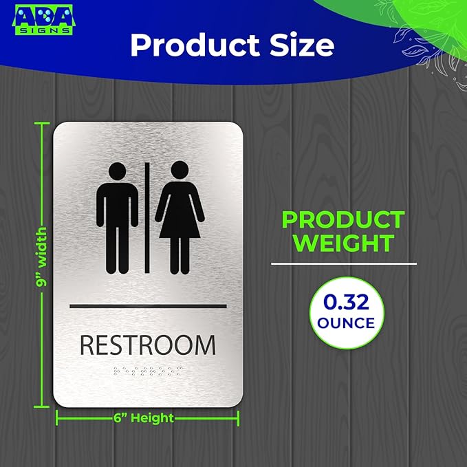 ADASigns Unisex Restroom Sign – 6" x 9" Durable Brushed Aluminum with Braille – Easy Installation with Strong Adhesive Tape – Weatherproof, ADA Compliant Bathroom Sign for Home, Office, & Business