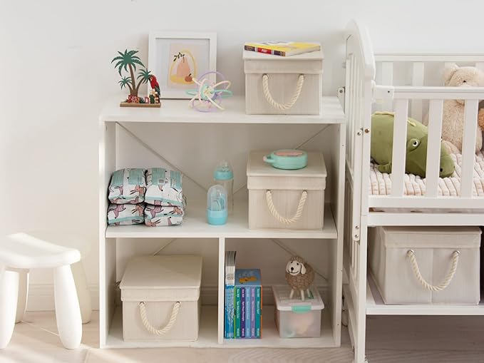 StorageWorks Storage Bins with Lids, Decorative Storage Boxes with Lid and Soft Rope Handles, Foldable Storage Baskets for Closet, Shelves, Stackable, Mixing of Beige, White & Ivory, Medium, 3-Pack