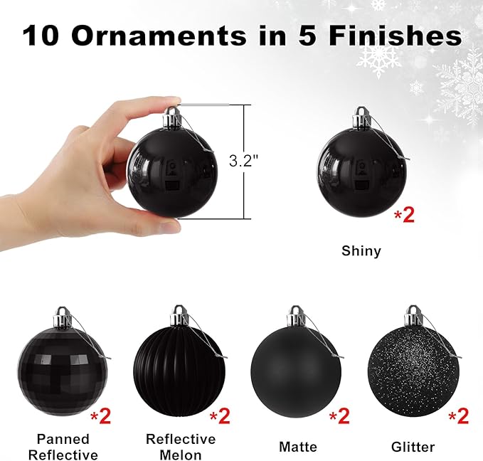 Black 3.2" Large Christmas Balls - Christmas Tree Decoration Ornaments Shatterproof Hanging Balls for Birthday Halloween Holiday Wedding Decorations Set of 10pcs