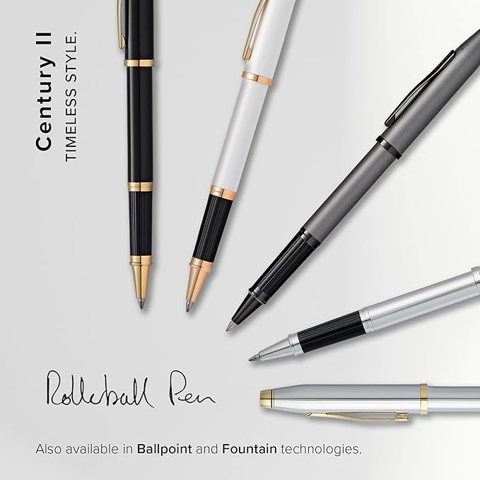 Cross Century II Refillable Rollerball Pen Presented in a Luxury Gift Box - Medium Point, Black Ink, Black & Gold