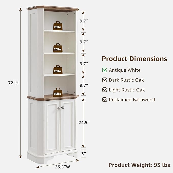 T4TREAM 6-Tier Bookshelf with Storage, 72" Tall Farmhouse Bookcase with Doors and Adjustable Shelves, Wooden Floor Standing Display Book Shelf Organizer for Home Office, Antique White
