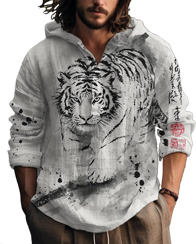 MARSVOVO Hooded Long Sleeve Shirt Men Fashion Graphic Button Up Lightweight Big and Tall Casual Vacation Shirts for Men