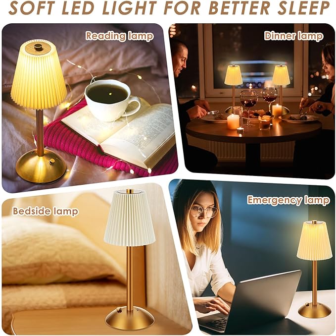Liliful 2 Pcs LED Portable Cordless Table Lamp Touch Battery Operated Rechargeable Gold Desk Lamp 3 Color Dimmable for Bedroom Living Room Dining (Gold,Beige Cloth Style)