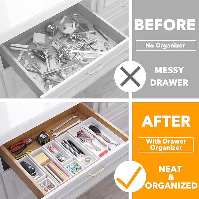 SpaceAid 7-Piece Bamboo Drawer Organizer Storage Boxes Set, Wood Tray Junk Drawer Organizers Multi-Use Divider Bins for Kitchen, Bathroom, Office Desk and Makeup Organization (7 Pack, White)