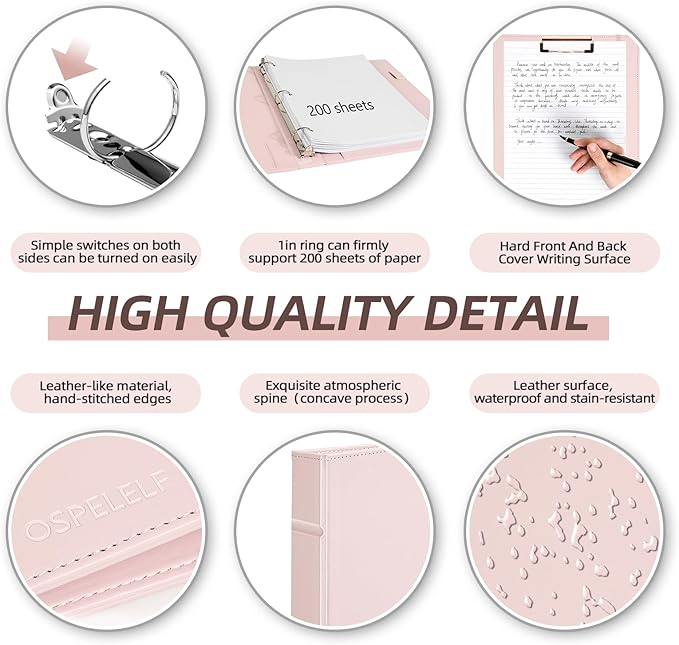 Ospelelf Vintage Hardcover 3 Ring 1 inch Leather Binder, Professional Binder Organizer Suitable for Letter Size, Binder Dividers with Tabs, Clipboard Design, Faux Rose Pink Leather