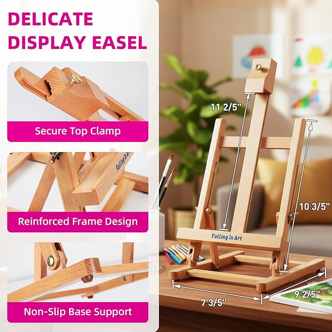 Falling in Art Tabletop Easel Set, Portable Wooden Art Easel Painting Kits for Kids, Easel for Painting Canvases, Including 12 Colors Acrylic Paints, 10 Paintbrushes and 4 Canvas Panels, Pink