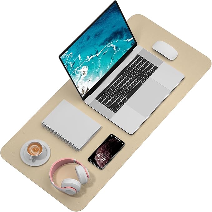 Hsurbtra Desk Pad, 35.5" x 17" PU Leather Desk Mat, XXL Extended Mouse Pad, Waterproof Desktop Blotter Protector, Non-Slip Ultra Thin Large Laptop Keyboard Writing Mat for Office Home, Beige
