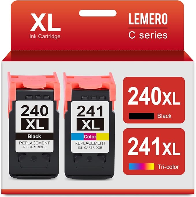 LEMERO 240XL 241XL Combo Pack Remanufactured Ink Cartridges Replacement for Canon Printer Ink 240 241 Combo Pack PG-240XL CL-241XL for PIXMA MG3620 MG3600 Printer for Canon Ink 240 241 (2 Pack)