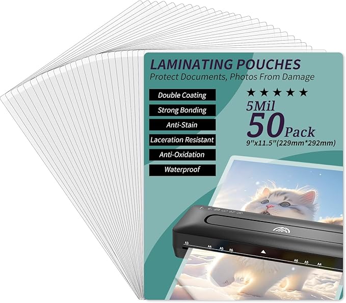 Laminating Sheets - 5Mil Thermal Laminating Pouches, 9"x11.5" Clear Laminate Sheets for Schedules, Menus, Certificates, Art Drawings, Round Corner, 50 Pack