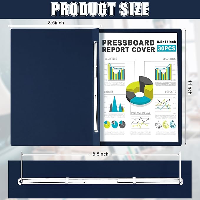 30 Pcs 8.5'' x 11'' Pressboard Report Cover, 3'' Capacity Metal Prong Fastener with Compressor, Letter Size, Presentation Folder to Neatly Bind Report, Proposal Document (Dark Blue)