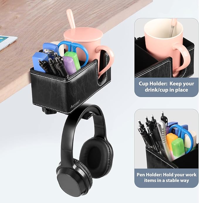 Desk Cup Holder Clip on Pen Holder Headphone Hanger Headset Stand Rotatable Clamp Hook Under Desk (Black)