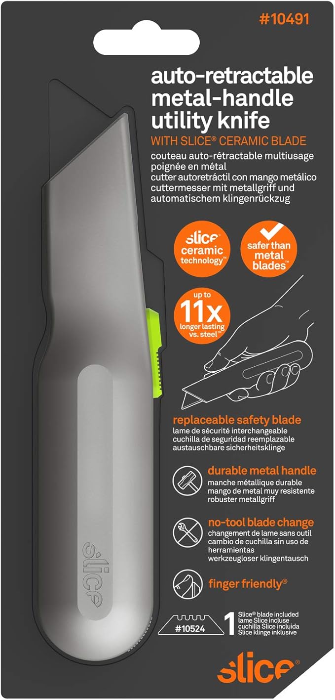 Metal-Handle Utility Knife, Finger Friendly Ceramic Blade, Auto Retracts for Safety, Heavy Metal Handle, Comfortable Grip, Stores Extra Blade, Ambidextrous, Easy Blade Change