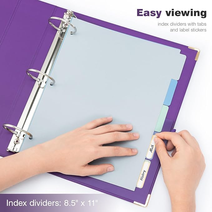 Ospelelf 3 Ring Binder, 2 Inch, Cute Letter Size (11" x 8.5") with 5 Tab Dividers, File Folder Labels and Low Profile Clipboards, Purple Binder for School and Office Supplies