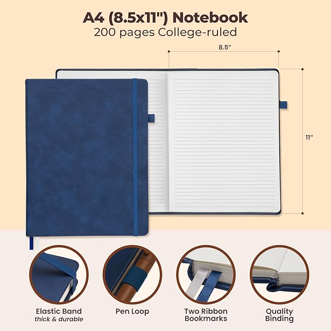 Classic Lined Journal Notebook 8.5x11" A4 Hardcover Leather - Blue - 200 Pages College Ruled Large with Sticky Tabs, Pockets, and Pen Loop for Writing and Journaling - Big Hardback Men and Women