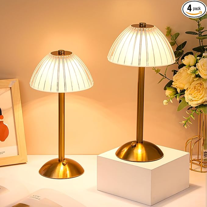 Liliful 4 Pcs LED Portable Cordless Table Lamp Touch Battery Operated Rechargeable Gold Desk Lamp 3 Color Dimmable for Bedroom Living Room Dining (Gold,Mushroom Style)