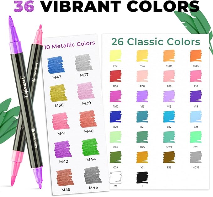 JusArt 36 Colors Acrylic Paint Markers Set With Bag, Dual Tip with Brush Tip and Fine Tip Paint Pens for Rock Painting, Wood, Egg, Canvas, Glass, Stone, Ceramic, DIY Crafts Professional Art Supplies