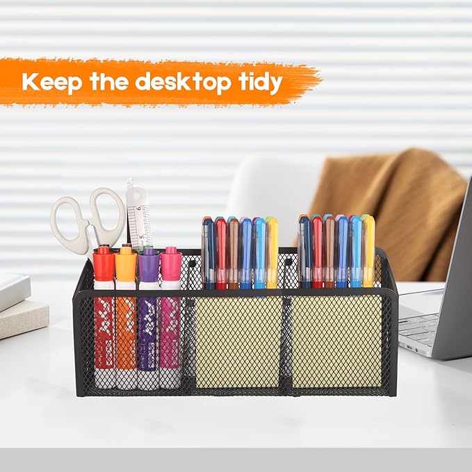 Ameceres Magnetic Pencil Holder - Extra Strong Magnets Mesh Marker Holder Perfect for Whiteboard, Refrigerator and Locker Accessories (3 Baskets, 1 Pack Black)