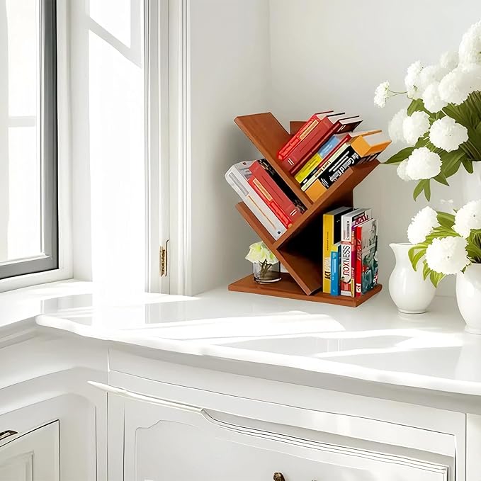 Godferyxin Tree Bookshelf,Desktop Book Shelf,3 Tier Wood Mini Bookshelf and Book Tree for Office, Home or School Desk Book Shelf for for Displaying Books, CDs, Magazines Wood Storage Rack