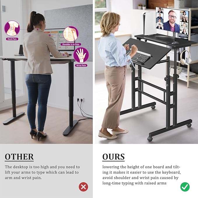 Small Standing Desk with Wheels, Mobile Stand Up Desk, Portable Standing Table on Wheels for Walking Pad, Rolling Computer Desk Adjustable Height, Tall Table