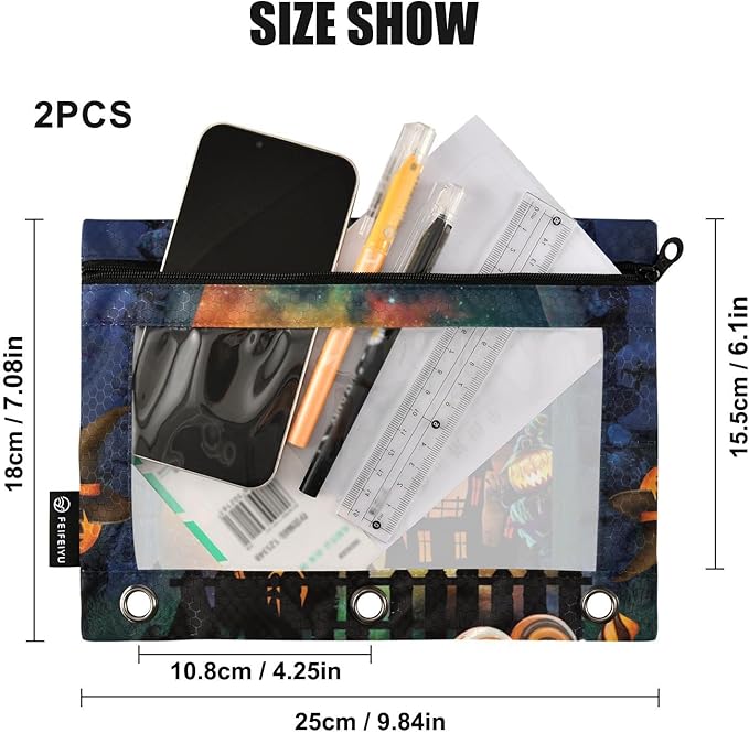 ZAZYXTJ Personalized Halloween Binder Pencil Pouchs 3 Ring with Zipper Clear Window Office Organizers bag for School Students Teacher Supplies 2 Pack