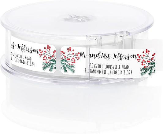 Pine and Holly Rolled Address Labels / 250 Personalized Return Address Labels/Designer Address Stickers in Elegant Plastic Dispenser