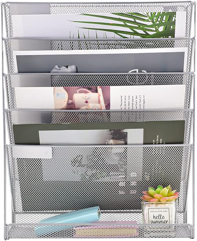 EASEPRES Desk File Organizer Mesh 6-Tier, Hanging Wall Mount Document Organization Stand, Desktop Vertical Mail Paper Folder Holder Rack with Bottom Tray for Office Home Cubicle Countertop, Silver