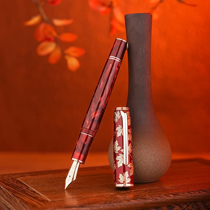 Hongdian N8 Red Acrylic Resin Fountain Pen, Iridium Extra Fine Nib Rose Gold Trim Maple Leaf Carving Cap, Smooth Writing Pen with Converter and Metal Pen Box Set