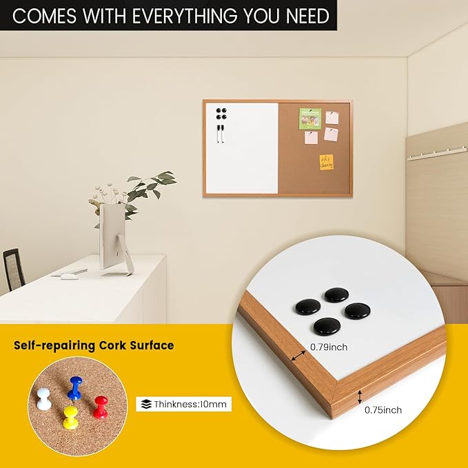 Combination Writeboard 24"x 18" Magnetic Whiteboard & Cork Board Dry Erase Board Bulletin Board Wall Mounted Wood Frame