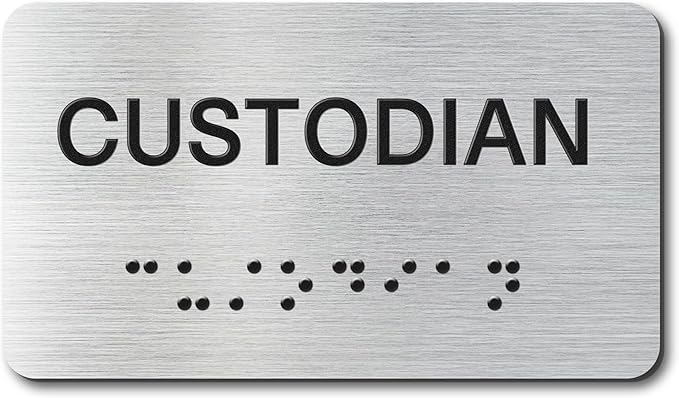Custodian Signs with Raised Text & Grade 2 Braille, Brushed Aluminum/Silver Finish Easy Install with Double-Sided Tape, ADA Compliant Custodian Door Sign for Businesses & Offices