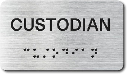 Custodian Signs with Raised Text & Grade 2 Braille, Brushed Aluminum/Silver Finish Easy Install with Double-Sided Tape, ADA Compliant Custodian Door Sign for Businesses & Offices