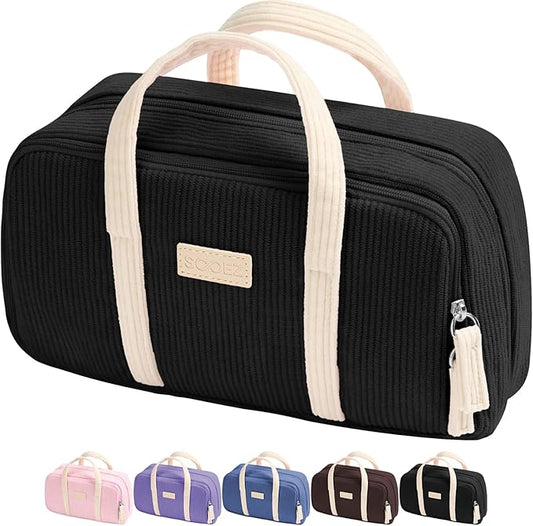 Sooez Large Pencil Case Pouch, Extra Big Pencil Bag with 5 Compartments, Pen Case Wide Opening, Soft Corduroy Pen Bag Organizer with Zipper, Cute Aesthetic School Supplies for Teen Girls, Black