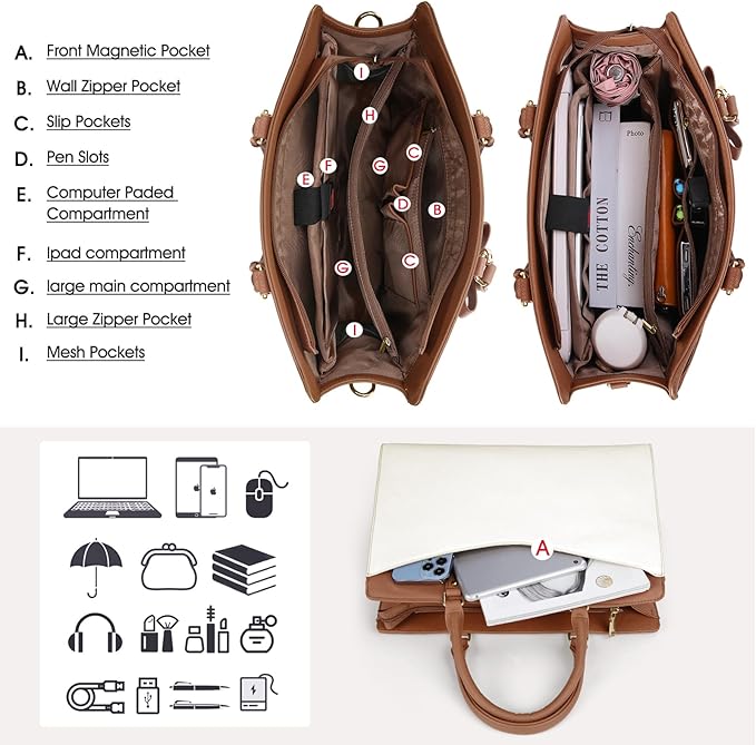 RAINSMORE Laptop Bag for Women 15.6 Inch PU Leather Laptop Tote Professional Business Office Work Bag Waterproof Briefcase Computer Tote Bag Large Lightweight Handbag Shoulder Bag