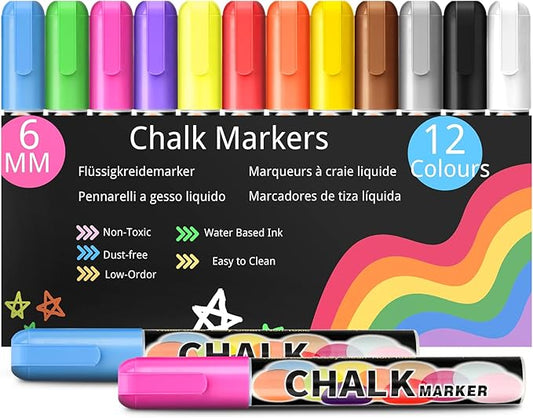 12 Liquid Chalk Markers for Blackboard Washable, 6MM Chalkboard Markers for Whiteboard, Window, Glass, Mirror, Car, Non-Toxic Chalk Pens for Back to School, Office & Home Use