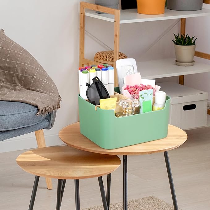 Segarty Green Remote Control Holder, Detachable Divided Bamboo Desk Organizer Caddy, Desktop Storage Box Pencil Pen Holder for Office Supplies Bedside Table Organizers