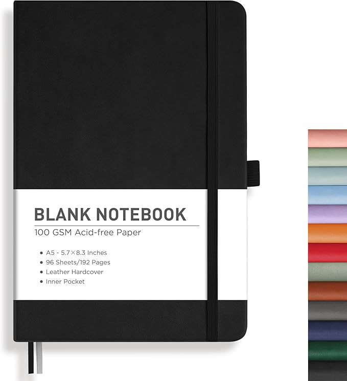 RETTACY Blank Journal Notebook, 192 Pages, A5 Medium Size (5.7'' x 8.3''), Leather Hardcover, 100 GSM Thick Paper, for Sketching, Drawing, Painting (Black)