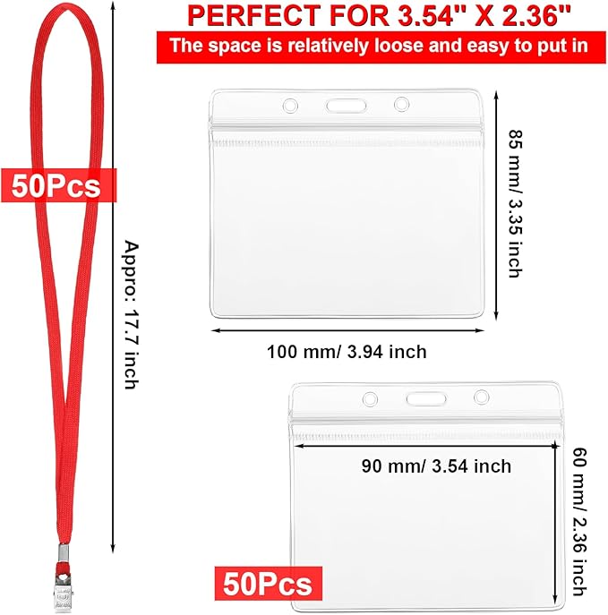 Marspark 50 Sets Clear Name Tags with Lanyard, Lanyards for ID Badges Reusable Strap with ID Holder Plastic Name Badges for Adults Business School Church Conference (Red)