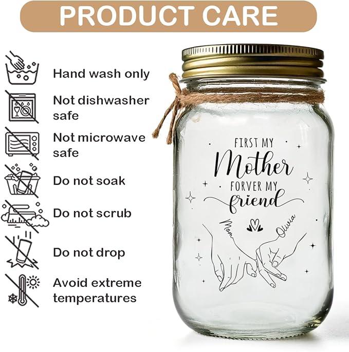 First My Mother Forever My Friend - Family Personalized Mason Jars, Mothers Day Birthday Gifts for Mom Grandma Family, Mother Daughter Gifts for Her, Centerpiece Table Decorations