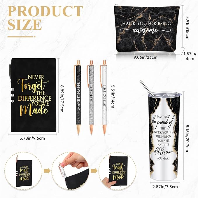 Domensi 6 Pcs Employee Appreciation Gift Set for Women Female Thank You Gift May You Be Proud 20 oz Rustic Marble Sign Tumbler Makeup Bag Journal for Teacher Nurse Lady Work Business(Black)