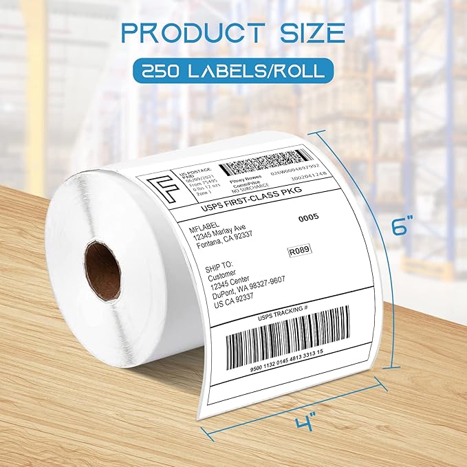 MFLABEL 4x6 Direct Labels, Perforated, Commercial Grade, for Thermal Printer, 250 Labels/1 Roll, 20 Rolls