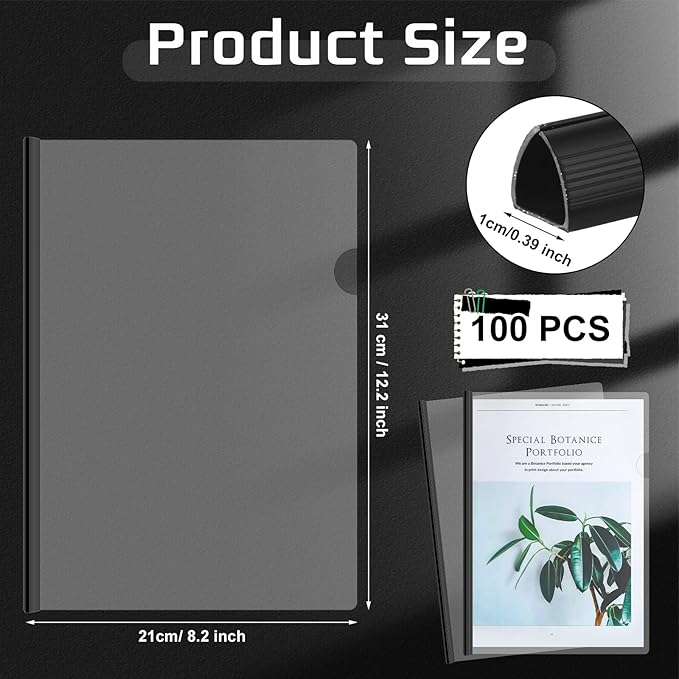 Thenshop 100 Pcs Clear Report Covers with Sliding Bars Sliding Bar File Folder Binder Plastic Report Folder for File Paper Book Resume Letter Office, 30 Sheet Capacity(Black)