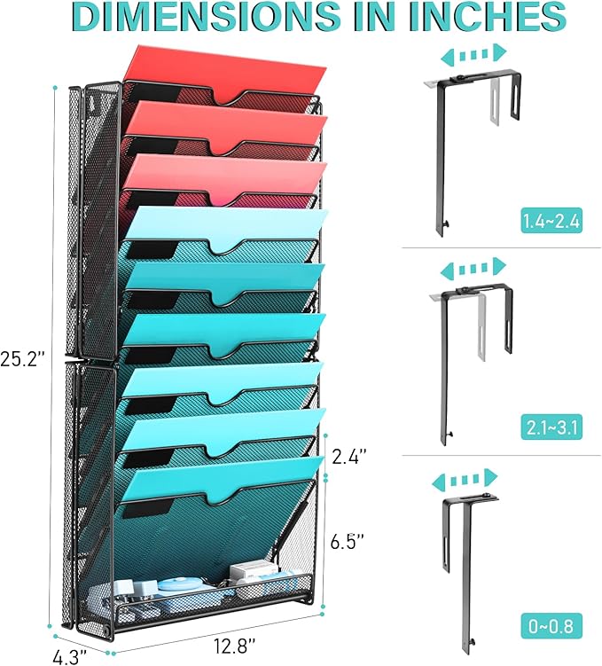 GALASALA Wall File Organizer, 10 Pockets Mesh Hanging File Organizer, Wall Mount File Holder With Hooks, Wall Organizer Magazine Rack for Office Supplies, Black